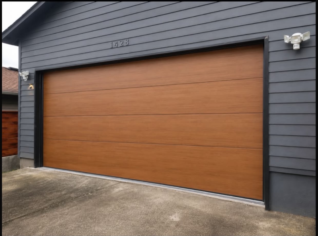 Modern flush faux-wood garage door on a Monta Loma Mountain View ranch home